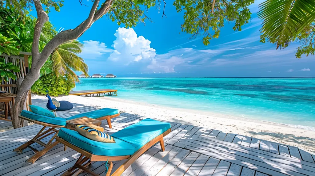 A pristine white sand beach with crystal clear turquoise waters stretches out before a wooden deck. Two blue lounge chairs beckon relaxation under the shade of palm trees and a bright blue sky. A peacock struts across the sand, adding a touch of vibrant life to this idyllic tropical paradise.