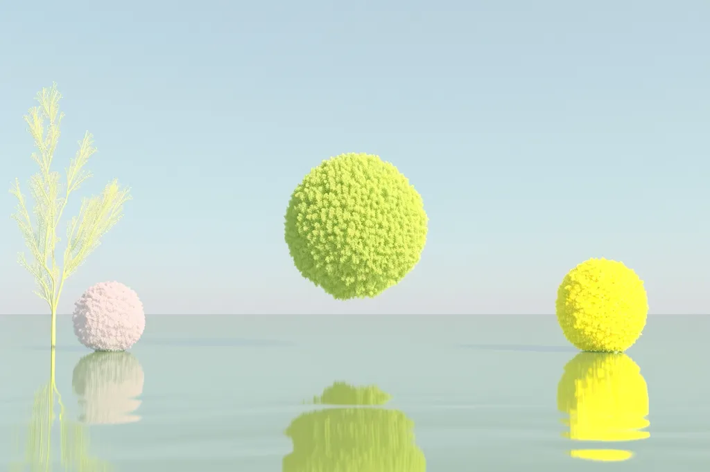 The image depicts a serene, minimalist scene with a pale blue sky and a calm, aqua-colored body of water.  Three spherical, fluffy objects are arranged across the water, with a single tree in the background. The objects are a light pink sphere on the left, a bright yellow sphere on the right, and a larger, light green sphere in the center. The image evokes a sense of tranquility and simplicity.