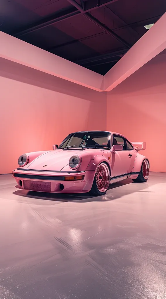 A bright pink Porsche 911 sits in a studio. The car is facing the camera with the front driver's side wheel closest. The room is pink with a black ceiling and the floor is a glossy gray. The car looks to be in perfect condition. The photo is well-lit and the car is the center of attention.