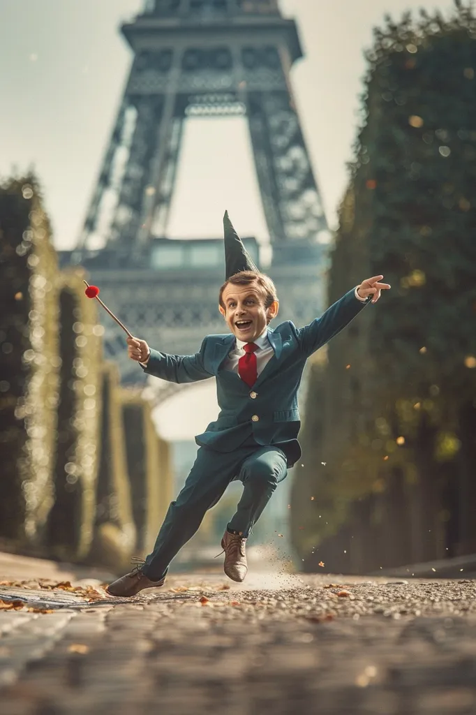 A man in a suit and a green pointed hat is jumping in the air with a stick in his hand. He is smiling and appears to be having fun. The Eiffel Tower is in the background. The man is dressed in a dark suit and a red tie. He is wearing brown shoes. The image is taken from a low angle. It is a humorous and whimsical image.