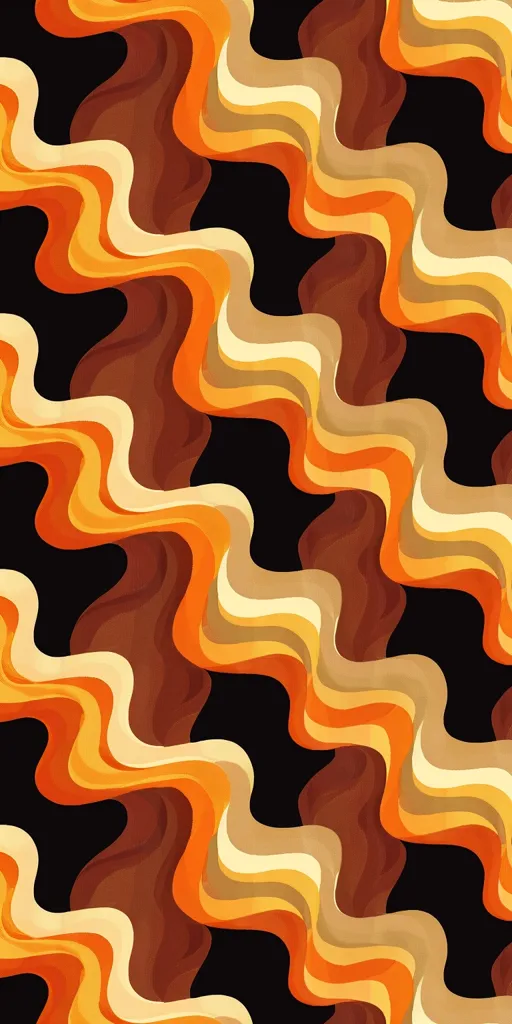The image is a retro-style abstract pattern featuring wavy lines in shades of orange, brown, and cream against a black background. The lines are thick and fluid, creating a sense of movement and energy. The colors are vibrant and warm, reminiscent of 1970s design aesthetics. The overall effect is eye-catching and visually stimulating.