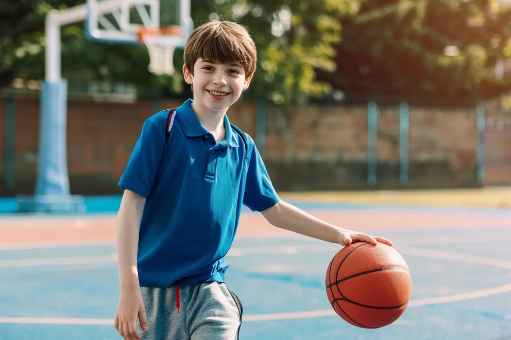 A young boy in a blue polo shirt and grey shorts holds a basketball on a basketball court. He is smiling at the camera, and the basketball hoop is in the background.  The court is blue and orange.  He looks happy and ready to play.