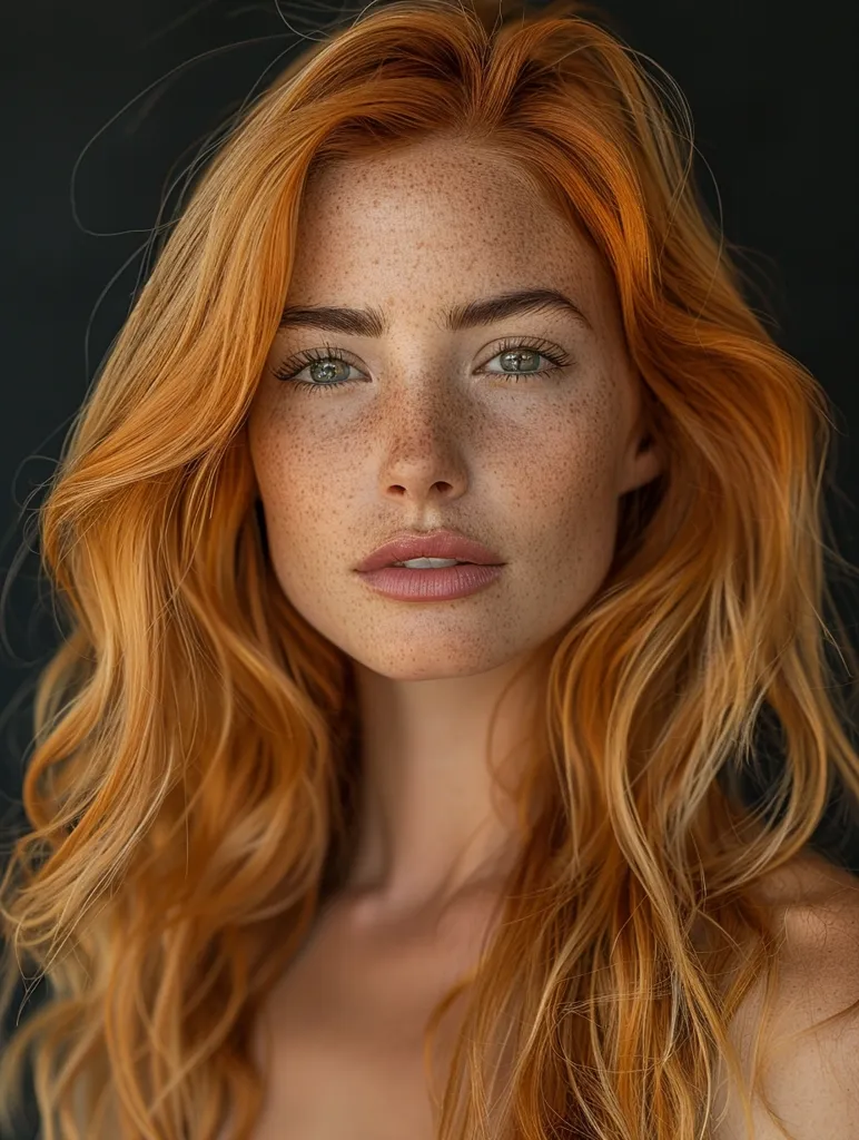 A woman with long, flowing red hair and freckles across her nose and cheeks looks directly at the camera. Her hair cascades down her shoulders and chest, framing her face. The background is a dark, blurred backdrop that highlights the subject's beauty. She has a soft, natural look with subtle makeup and a hint of a smile.  The image captures a moment of effortless beauty and natural charm.