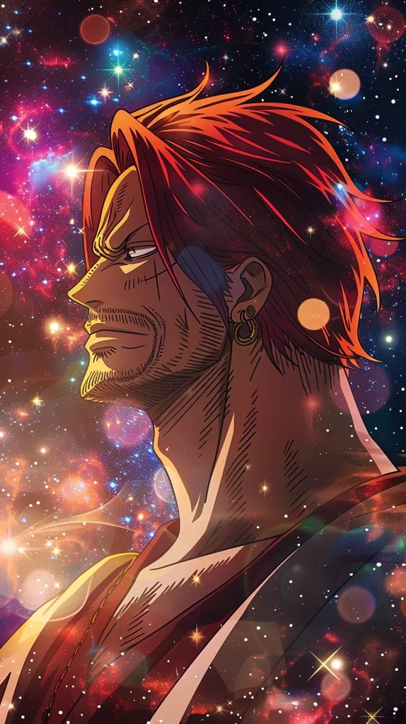 A man with long, fiery red hair and a determined expression is shown in profile against a colorful backdrop of swirling galaxies and twinkling stars. He wears a dark garment and a gold earring, and a single scar runs across his face. The image is both dynamic and mysterious, suggesting a powerful and enigmatic figure.