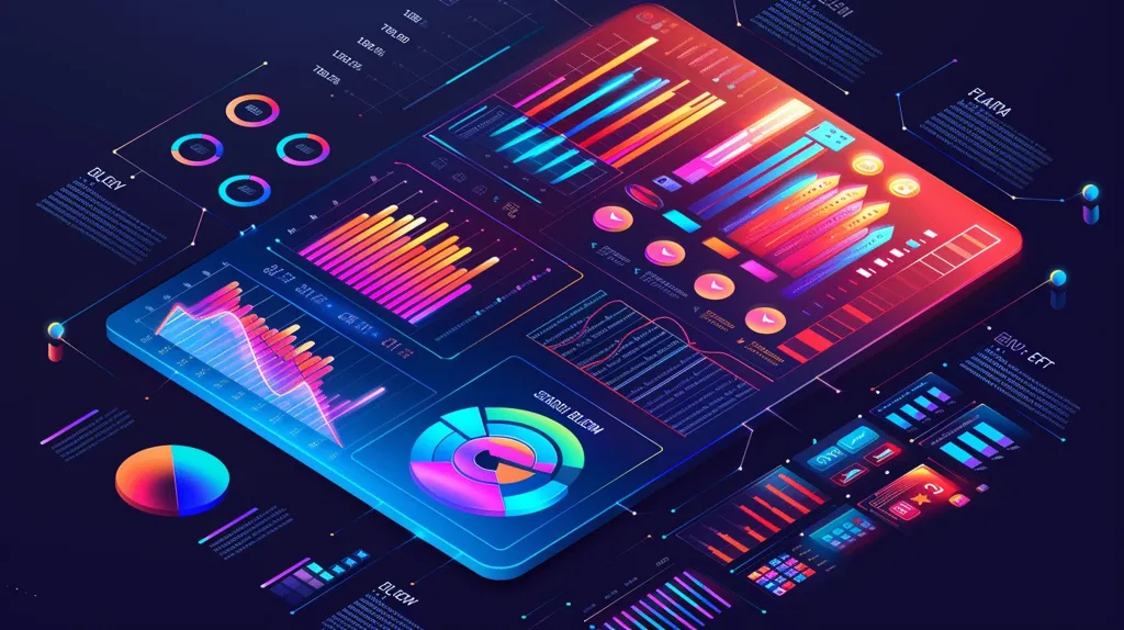 The image shows a futuristic digital interface with a variety of data visualizations. A large screen displays graphs, charts, and numbers in a vibrant color palette. The screen is tilted at an angle, giving a dynamic and modern feel. Smaller screens and data points are scattered around the main screen, creating a sense of complexity and interconnectedness. The image evokes a sense of technological advancement and the power of data analysis.