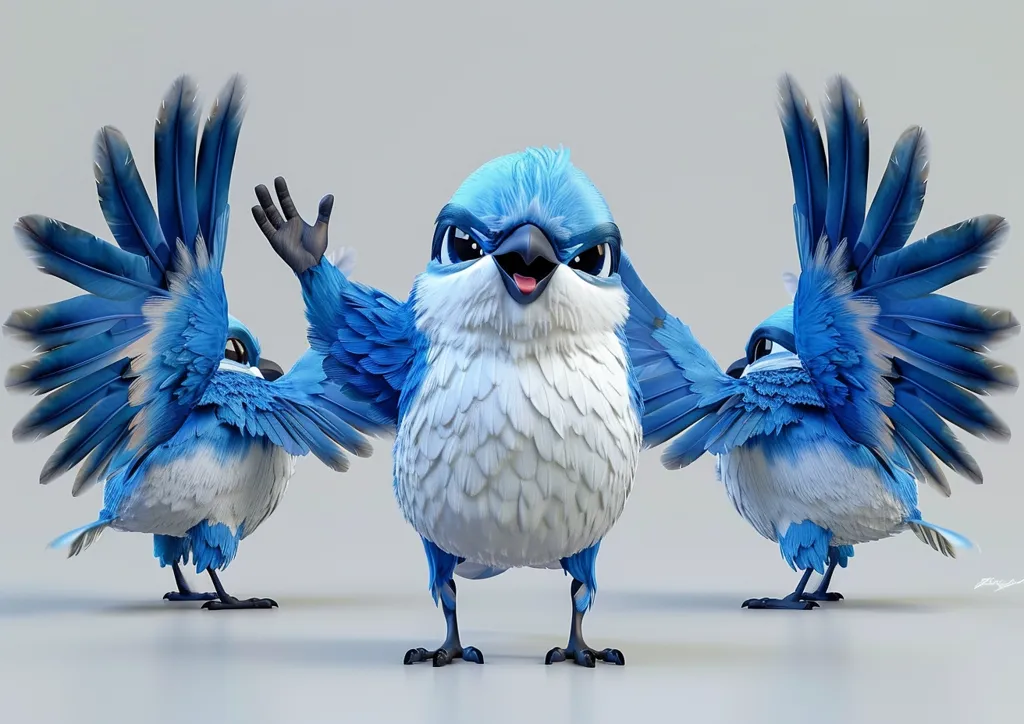 Three cartoon bluebirds are depicted, standing on a white background. The bird in the center has its wings spread wide, with a mischievous grin and one wing raised in a welcoming gesture. The birds on either side stand with their wings flared, mimicking the central bird's posture. The birds have fluffy, white bellies and bright blue feathers, adding to their playful charm.  The image is likely a cartoon illustration or 3D rendering.