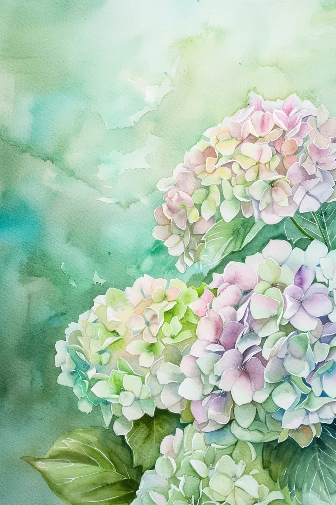 A watercolor painting depicts a cluster of hydrangea flowers in shades of white, pink, and purple. The flowers are clustered together, with some petals overlapping and creating a sense of depth. The background is a soft, muted green with subtle watercolor washes. The painting captures the delicate beauty of the flowers and the gentle, ethereal quality of watercolor.