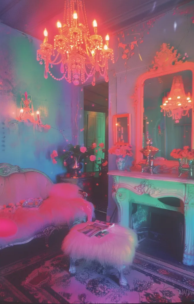 A lavish living room bathed in neon pink and blue light. A large chandelier hangs above a plush, pink, fur-covered chaise lounge. A fluffy white ottoman sits nearby, with a magazine resting on top. Flowers bloom in vases, and a mirror reflects the glittering scene.  The room is adorned with ornate details and a touch of vintage charm.