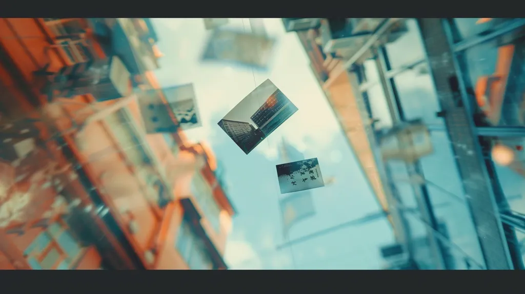 The image shows a blurred background of buildings with a few photos hanging on strings in front. One of the photos shows a building, while the other photo has black characters on it. The photos are hanging against a blue and white sky. The image has a vintage, blurry aesthetic.