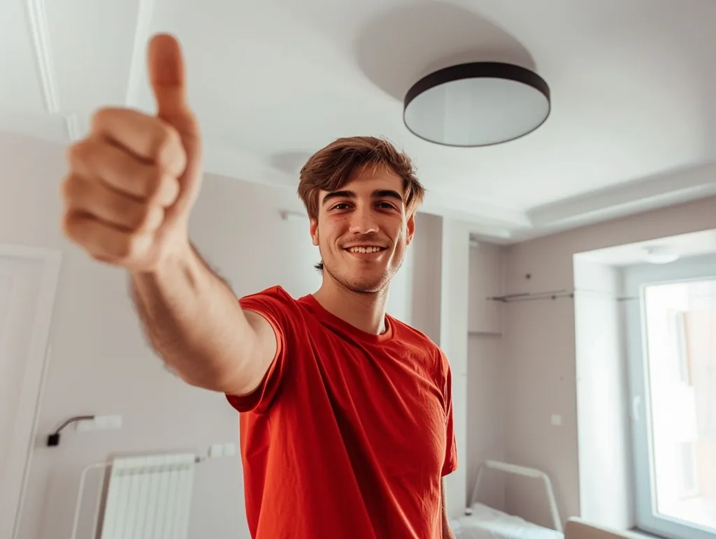 A young man in a red t-shirt stands in a room with a window, giving a thumbs up with a bright smile. The room appears to be under construction, with white walls and a bare ceiling light. He looks happy and confident, possibly proud of his work or excited about the future.