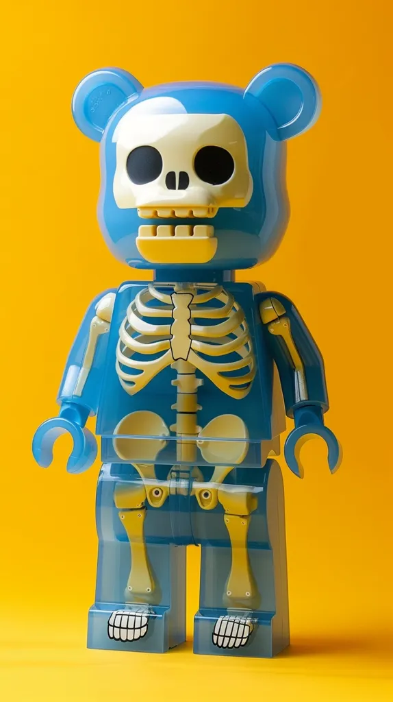 The image shows a blue and yellow toy figure resembling a bear with a skull-shaped head. It is a skeletal figure, with a visible rib cage, leg bones, and skull, giving a transparent appearance. The toy is standing on a bright yellow surface.  The toy's design is simple yet eye-catching, with a cartoonish appeal.