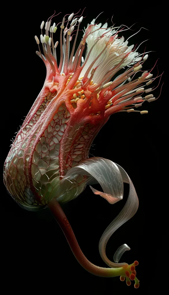 The image showcases a delicate, intricate flower in full bloom. Its petals are a vibrant, intricate web of red and white, creating a stunning visual contrast. The flower is captured against a black background, emphasizing its beauty and complexity. Its unique form and captivating colors make it a captivating subject.