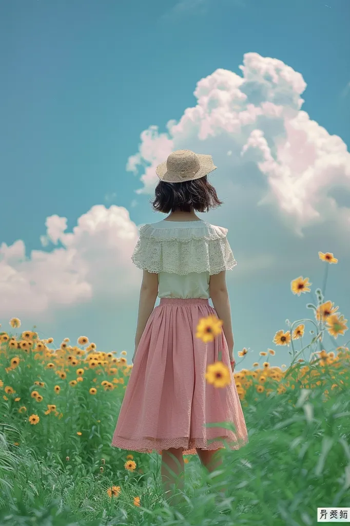 A woman in a straw hat and a pink skirt with a white lace top walks through a field of yellow wildflowers. She is looking at the bright blue sky filled with puffy white clouds.  The scene is idyllic and peaceful, capturing a moment of simple joy.