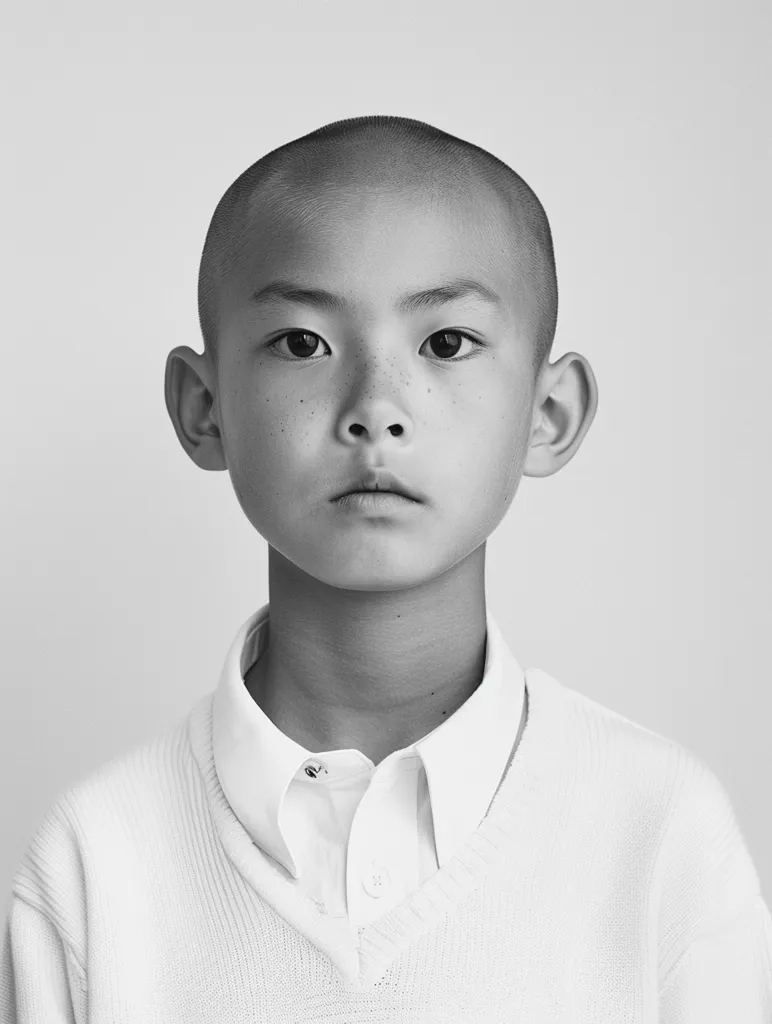 The black and white portrait shows a young boy with a shaved head, looking directly at the camera. He has a serious expression, with slightly furrowed brows and a small frown.  He is wearing a white collared shirt under a white sweater, adding to the minimalist aesthetic of the image. The simple background and lighting focus attention on the boy's features.  The image evokes a sense of youthfulness and contemplation.