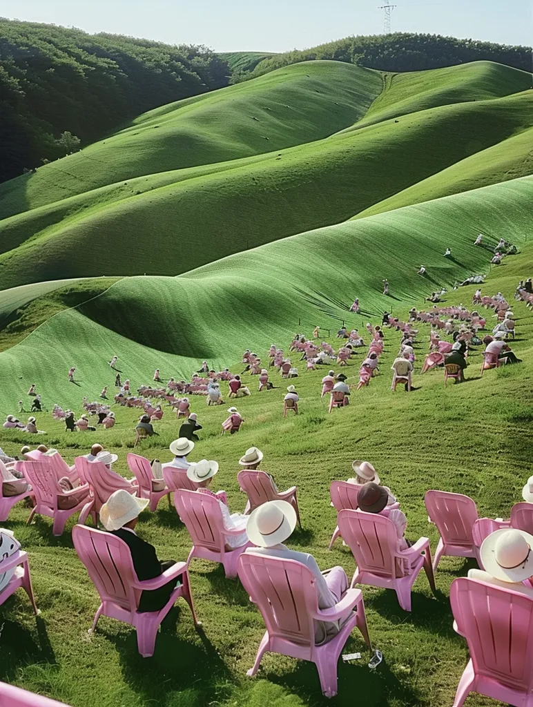 A grassy hillside slopes down to a valley, where people are seated in rows of pink lawn chairs. They wear white hats and watch something out of frame, their attention focused on something beyond the view. The gentle curves of the hill and the simplicity of the chairs create a peaceful and serene scene.  The vibrant green of the grass and the soft pink of the chairs create a calming and inviting atmosphere.