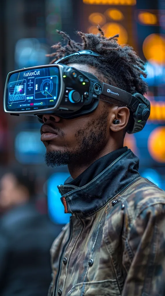 A young man with a beard and dreadlocks wears a camouflage jacket and a futuristic-looking headset. The headset has a display showing a blue and white interface with the words "FavionCut" and "DentaPro". The man's expression is neutral as he looks into the distance, seemingly absorbed in the virtual world. The background is blurred with out-of-focus lights and a glimpse of a building, suggesting an urban setting. The image captures a sense of technological advancement and immersion in a digital realm.