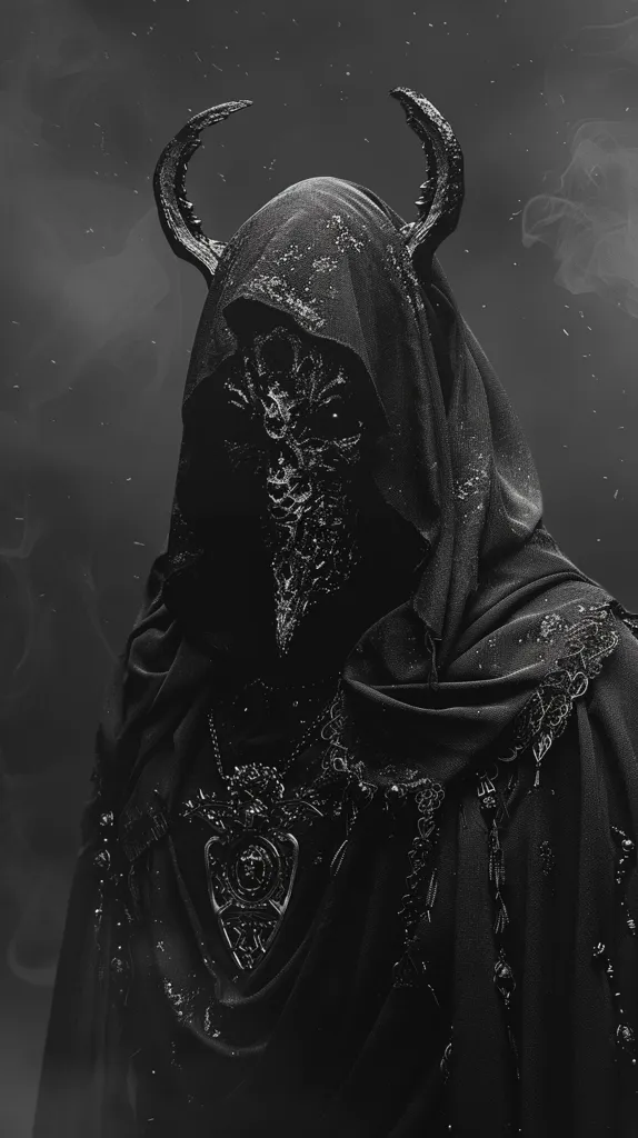 A hooded figure, draped in black, with horns and a grotesque mask, stands shrouded in darkness and smoke. The mask's intricate details are emphasized by the dark background, creating a sense of mystery and unease. The figure's presence is ominous, suggesting a sinister force lurking in the shadows.