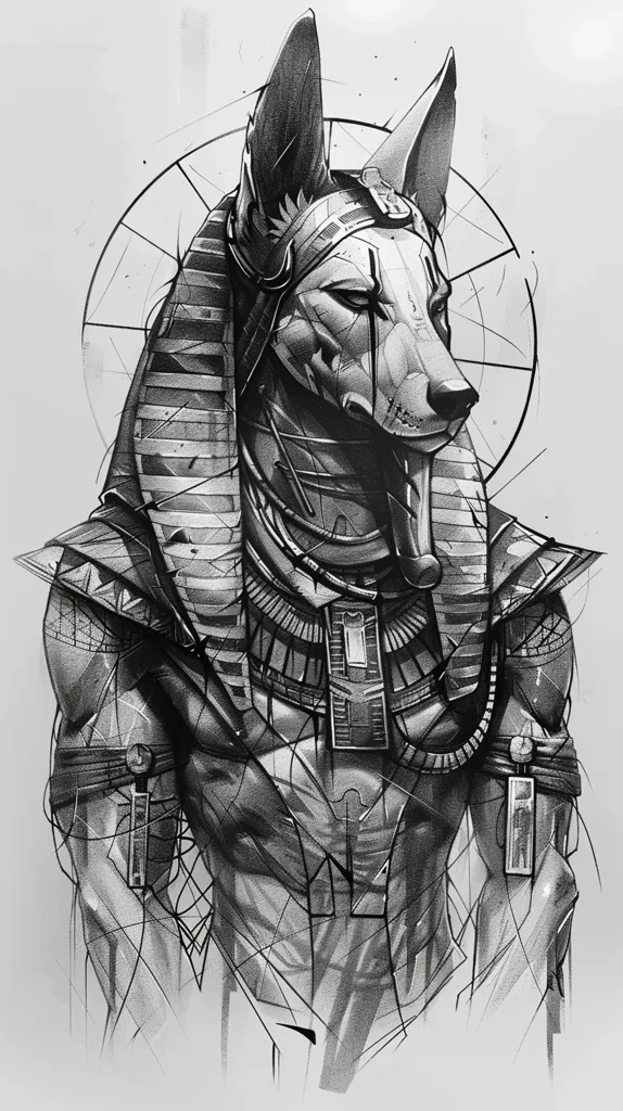 The image is a detailed pencil drawing of Anubis, the Egyptian god of the dead. He is depicted as a jackal-headed human with a muscular physique and a pharaoh's headdress. The drawing is done in a realistic style, with intricate details on Anubis's features, clothing, and the background. The overall tone of the drawing is dark and serious, reflecting the somber nature of Anubis's role in Egyptian mythology.