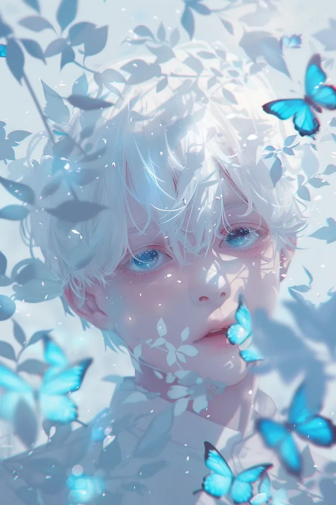 The image is a close-up portrait of a young man with white hair and blue eyes. He is surrounded by delicate white leaves and blue butterflies, creating a dreamy and ethereal atmosphere. The soft lighting and muted colors contribute to the overall sense of tranquility and beauty. The butterflies add a touch of whimsy and movement to the scene, suggesting a gentle breeze and a sense of wonder.  The image is visually captivating and evokes feelings of serenity and enchantment.