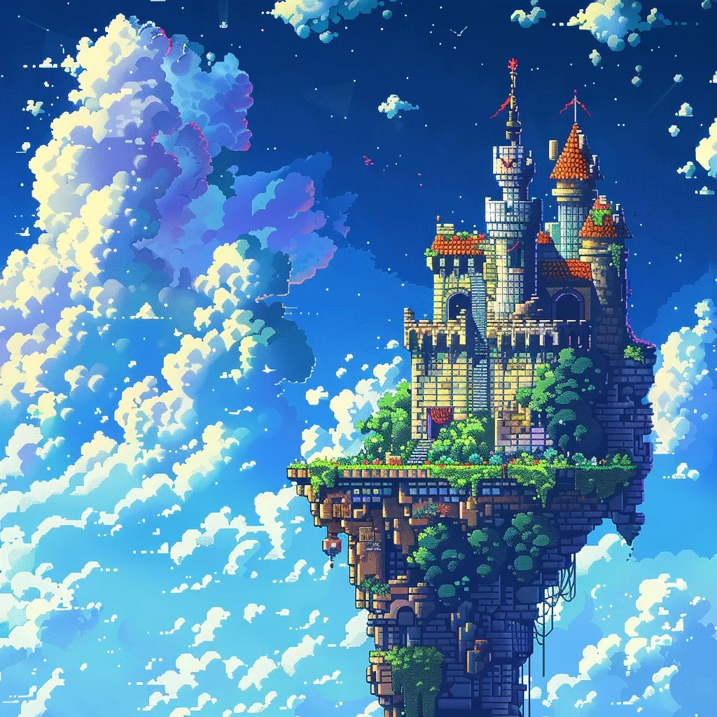 A pixelated image of a whimsical castle perched atop a floating island. The island is adorned with lush greenery, cascading down a long, winding cliff. A bright, blue sky dotted with fluffy clouds fills the background, creating a dreamy atmosphere.  The castle, with its red-tiled roof and tall towers,  appears to be a magical place, seemingly untouched by the world below.  The vibrant colors and pixelated style give the scene a nostalgic charm.