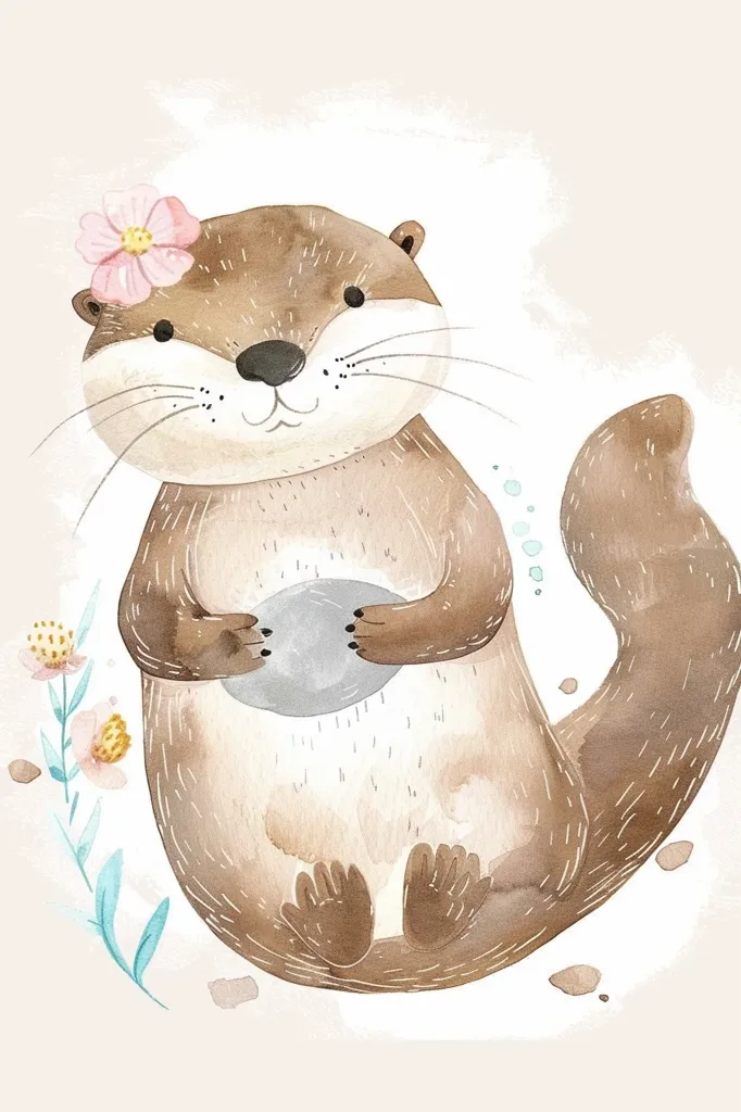 A watercolor illustration of a cute otter holding a grey rock in its paws. The otter has a pink flower behind its ear and is surrounded by small, pale pink flowers and green leaves. The otter is looking up with a happy expression. The background is a light brown color.