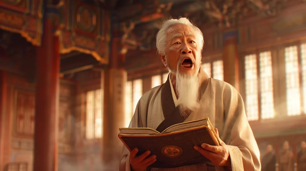 An elderly man with a long white beard is standing in a traditional Asian building. He is dressed in a long white robe and is holding a book. The man is speaking, and his mouth is open wide. The room is dimly lit, and the only light comes from the windows. The man's face is illuminated by the light, and his expression is one of excitement.