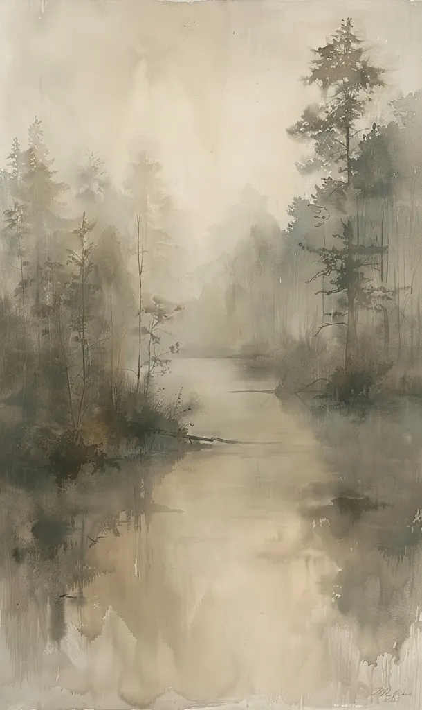 The image is a watercolor painting depicting a serene lakescape. A misty, ethereal atmosphere envelops the scene, with a calm, still lake reflecting the surrounding forest. Tall, slender trees stand silhouetted against the soft, pale background, their branches reaching towards the sky. The muted tones and delicate brushstrokes create a sense of tranquility and mystery.