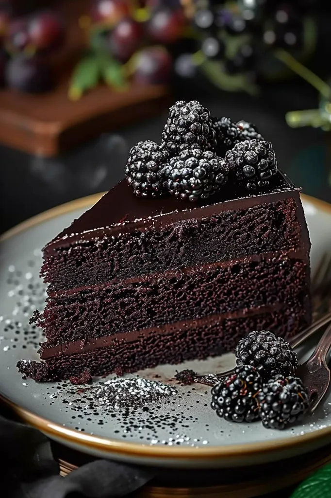 A slice of chocolate cake, layered and frosted with a dark chocolate glaze, is the centerpiece of the image. Blackberries, dusted with powdered sugar, adorn the top, adding a touch of sweetness and contrast. The cake rests on a grey plate with silver glitter scattered around it, adding a touch of elegance. The soft focus of the background blurs out a cluster of grapes, suggesting a luscious and decadent dessert.