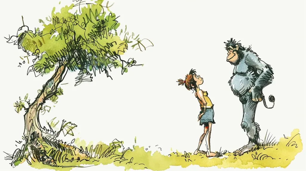A young girl with brown hair stands facing a large, hairy, gray ape. They are both standing on a grassy field. A tree with green leaves stands behind the girl. The ape is looking at the girl, and she is looking up at him, her expression one of wonder and slight fear.  The image is drawn in a cartoon style with watercolor and ink.