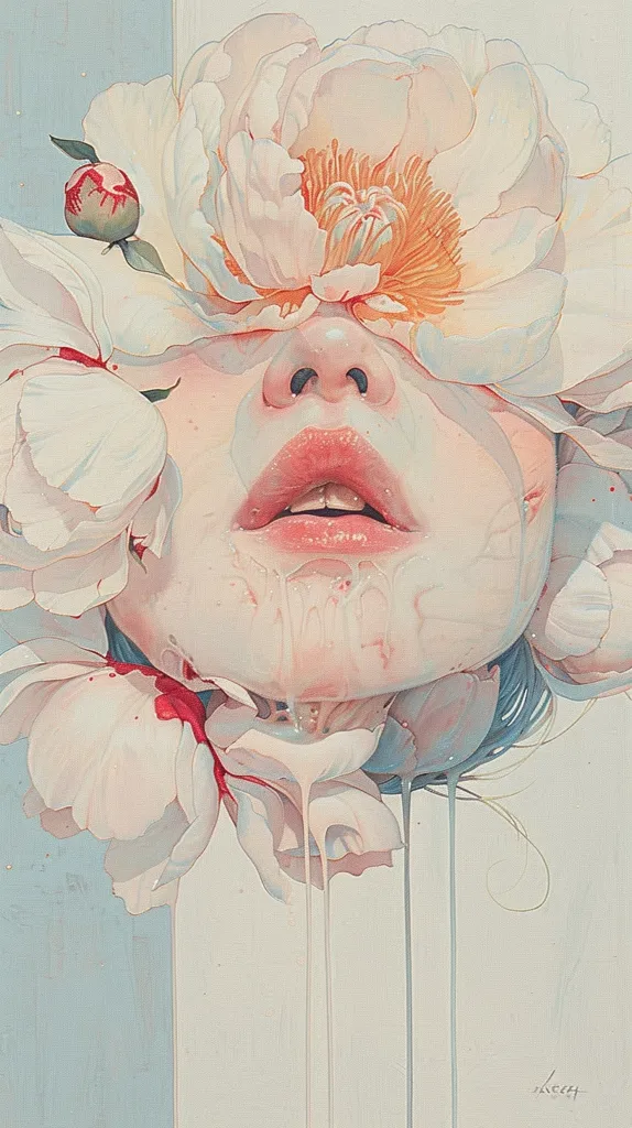A woman's face is partially obscured by delicate white peonies, with a soft focus on her lips, creating a dreamy, ethereal atmosphere.  The pale pink and white flowers are rendered with meticulous detail, their petals seemingly melting and dripping onto her face, highlighting the delicate beauty of the scene. The painting exudes a sense of tranquility and the fragility of life.