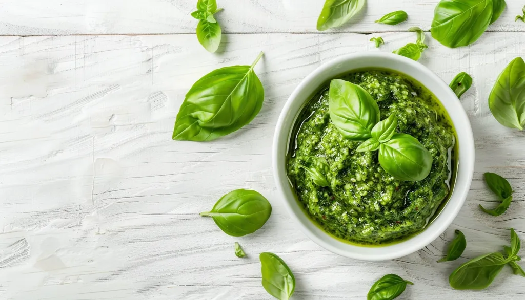 A white bowl filled with bright green pesto sauce sits on a white wooden surface surrounded by fresh basil leaves. The pesto is thick and creamy, with visible flecks of green. The basil leaves are scattered around the bowl, adding a touch of freshness to the image. The composition is simple yet elegant, highlighting the vibrant green hues of the pesto and basil.  The image is visually appealing and evokes a sense of freshness and flavor.