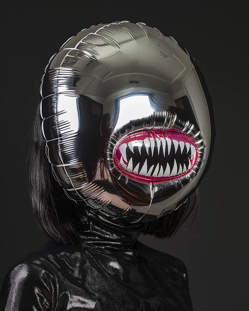 A person with short black hair wears a silver balloon over their head. The balloon has a large, cartoonish, pink mouth with sharp teeth. The person is wearing a black, shiny, turtleneck shirt. The image is shot against a dark background. The light reflects off the shiny balloon, creating a distorted view of the person's face. The image is dark and mysterious, with a slightly unsettling feel.