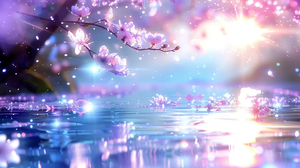 A dreamy image of pink cherry blossoms in bloom, gently falling onto a calm, sparkling blue body of water.  The background is a soft gradient of pastel blue and purple, with a bright light source creating a hazy, ethereal glow.  The image evokes a sense of peace and tranquility, with the delicate blossoms and shimmering water creating a beautiful and delicate scene.