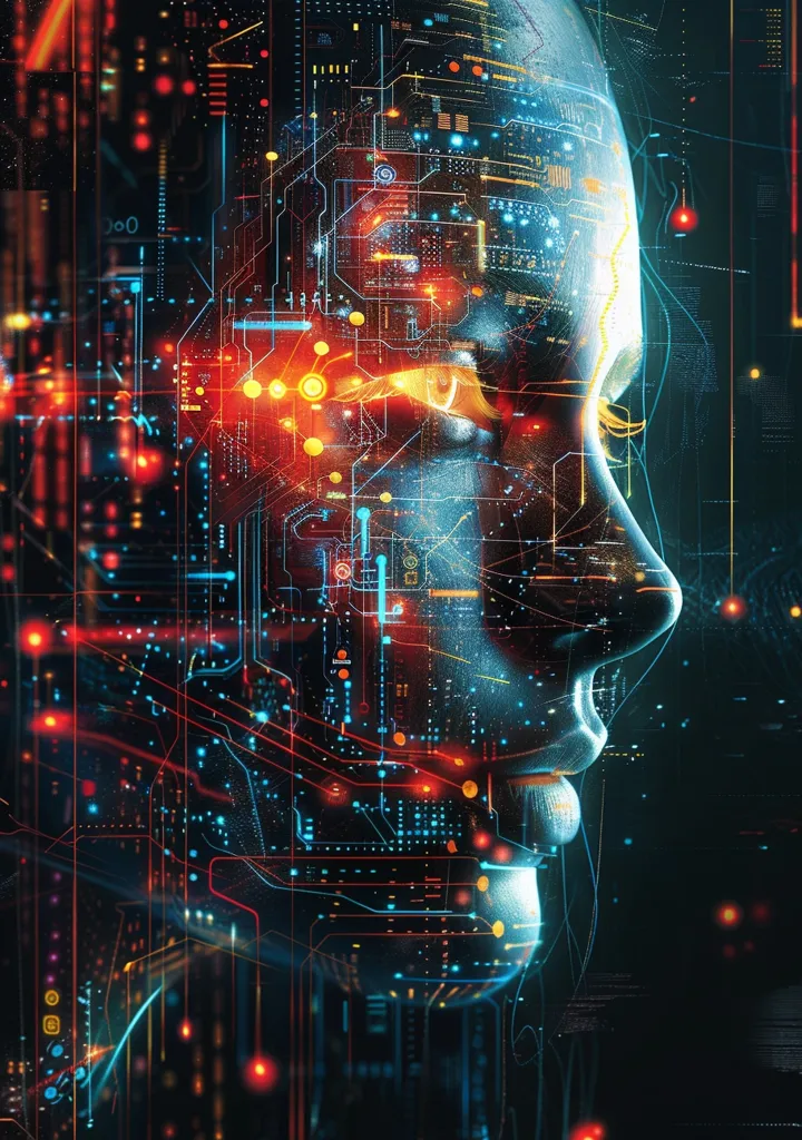 The image depicts a human face, partially obscured by a complex network of glowing blue, orange, and red circuitry. The face is in profile, and the circuitry appears to be embedded within its features, suggesting a merging of human and machine. The image evokes a sense of futuristic technology and the potential for artificial intelligence to integrate with human life. The vibrant colors and intricate design create a captivating visual, emphasizing the interconnectedness between human and machine.