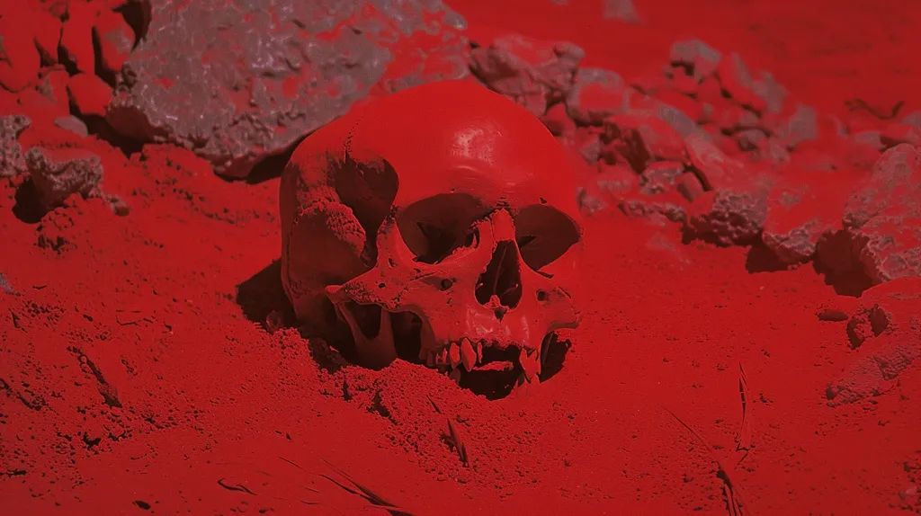 A human skull is partially buried in red sand.  The skull is positioned at a slight angle, facing the right side of the image.  The teeth are visible, and the eye sockets are empty.  The background is filled with red sand and rock fragments.  The scene is dark and ominous.
