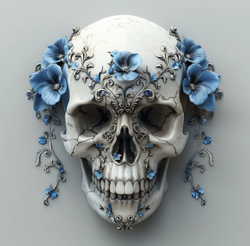 A human skull is adorned with intricate silver floral designs and blue flowers. The skull is facing forward, and the floral details create a visually striking and slightly macabre aesthetic. The pale grey background provides a stark contrast to the skull and flowers.
