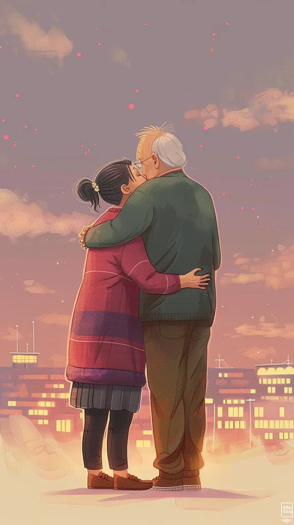 An older man and a younger woman are embracing and kissing in front of a city skyline at dusk. The man is wearing a green sweater and brown pants, while the woman is wearing a purple sweater and black pants. The cityscape is lit up by warm yellow lights, creating a romantic atmosphere. The sky is a soft pink and purple, with scattered clouds and stars.
