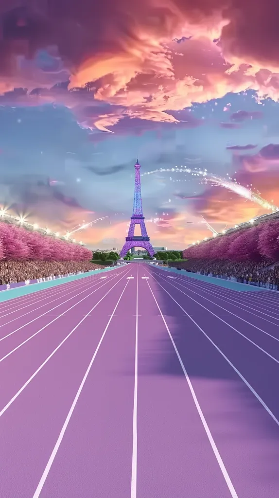 The image shows a purple running track with the Eiffel Tower in the distance. The sky is a beautiful pink and blue with fluffy clouds.  The track is lined with white lines and leads towards the Eiffel Tower. There are also people watching the track event from the sides. The image is a whimsical blend of athleticism and Parisian charm.