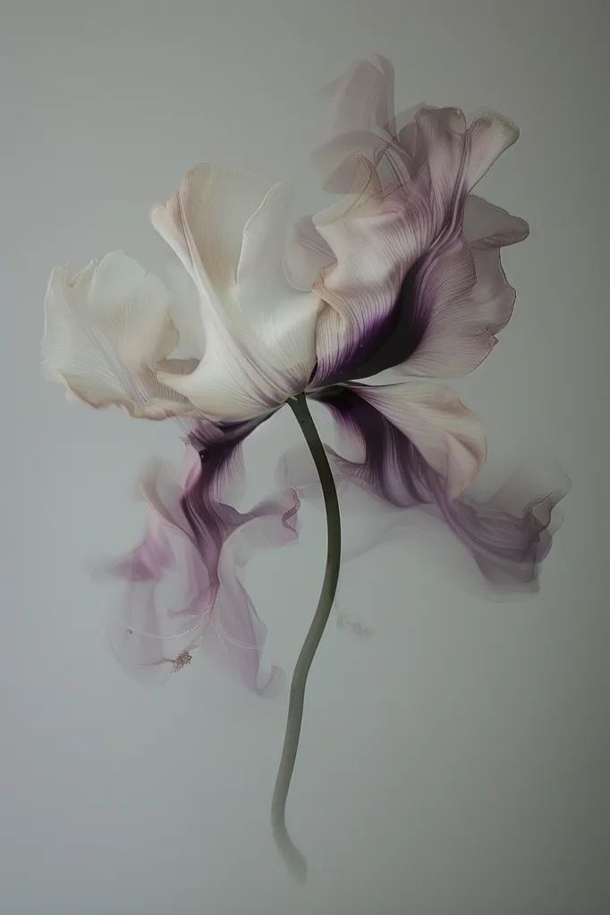 A single flower, with delicate, translucent petals in shades of white and purple, is the subject of this artistic photograph. The flower appears to be floating, its stem barely visible against the soft, gray background. The image creates a sense of ethereal beauty and fragility.