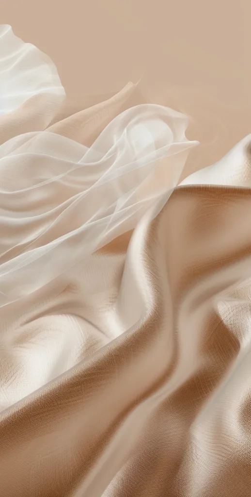 A close-up image of a soft, flowing, light brown fabric with a sheer, white fabric draped over it. The light brown fabric appears to have a subtle shimmer, while the white fabric is translucent and delicate. The image evokes a sense of luxury and elegance, with the fabrics creating a gentle and inviting texture. The muted colors and soft lines contribute to the overall calming and luxurious aesthetic.