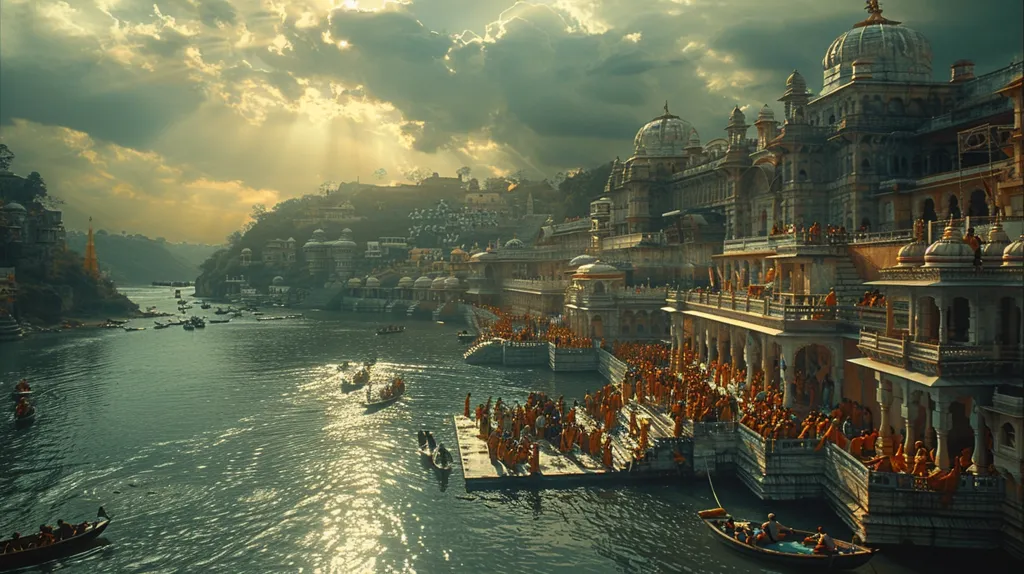 A grand, ancient city with intricate architecture stands on the banks of a river, bathed in the golden glow of a setting sun.  A large gathering of people fills the waterfront, many of whom are wearing colorful clothing, while boats navigate the calm waters.  The scene evokes a sense of peace, grandeur, and a rich cultural heritage.
