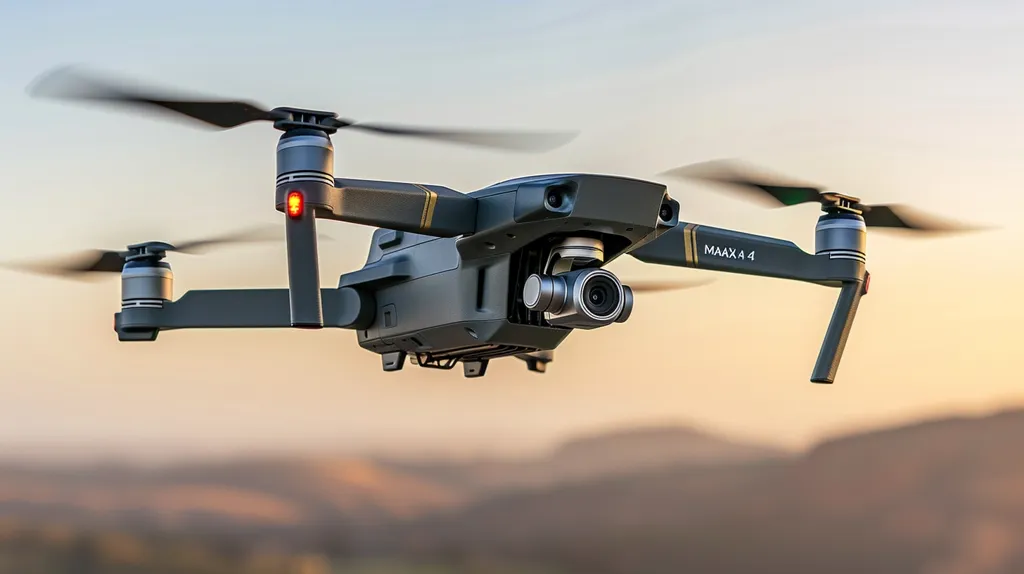 A black drone with a camera is in mid-flight against a blurry backdrop of a golden sunset. Its propellers are spinning, and the camera lens is visible. The drone is angled slightly downward, giving a sense of motion and purpose.  "MAAX A 4" is printed on its body, likely referring to the drone's model or brand.  The overall image captures the dynamic nature of modern aerial technology.