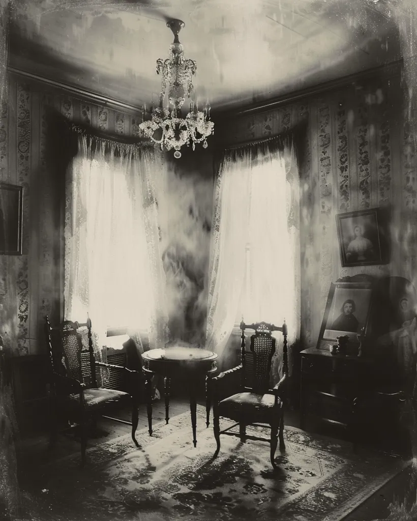 The image is a black and white photograph of a room with a chandelier hanging from the ceiling. There are two chairs and a table in the middle of the room, and a rug on the floor. The windows are covered with curtains. The room has a vintage and eerie atmosphere. The photo has a faded and slightly blurry look, contributing to the antique aesthetic.