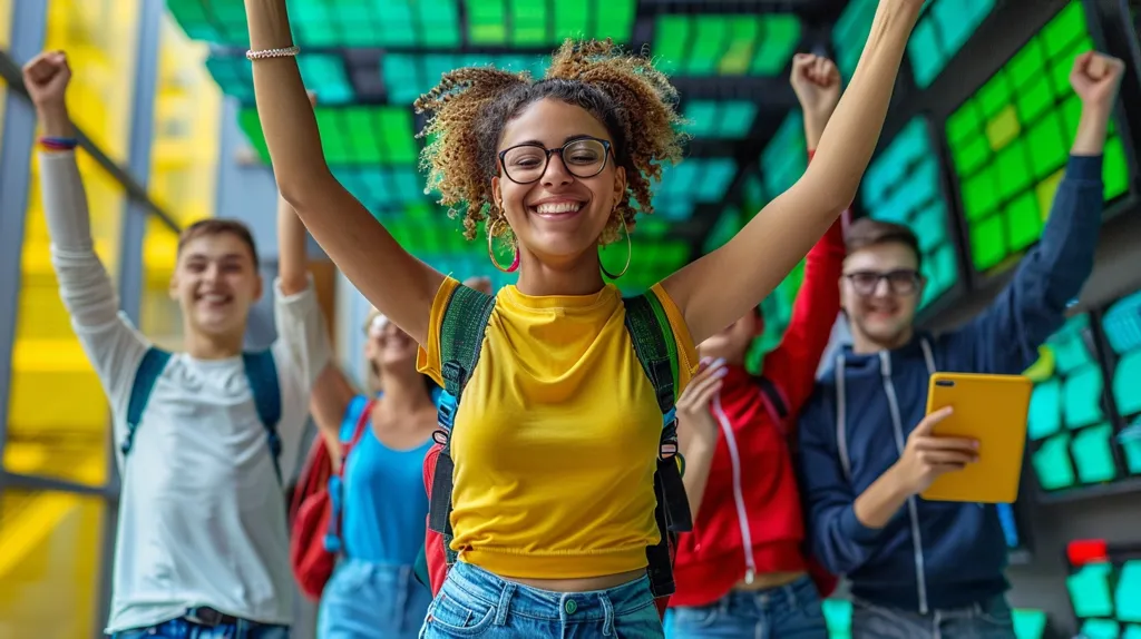 A group of four young adults, three male and one female, are celebrating a victory with their arms raised in the air.  They are all wearing casual clothes and backpacks.  The woman in the center is wearing a yellow t-shirt and has her hair in two pigtails.  The background is a wall covered with colorful squares.  The group is radiating joy and excitement.