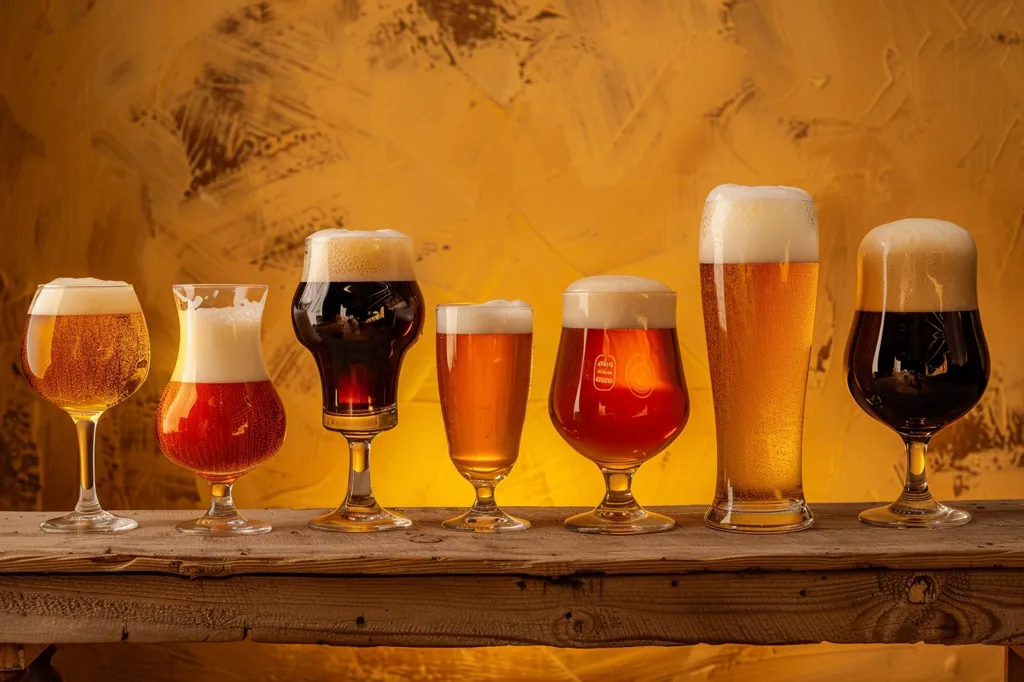 A row of six stemmed glasses filled with different types of beer, arranged on a wooden surface against a yellow background. The beers range from pale gold to dark brown and are topped with varying amounts of foam. Each glass has a unique shape and style, showcasing the diversity of beer drinking.  The composition highlights the visual appeal of different types of beer.