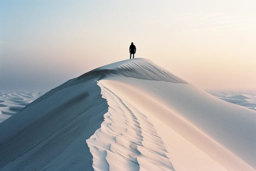 A lone figure stands on the crest of a sand dune, gazing out at the vast expanse of the desert. The sand is a soft, white, and the sky is a pale blue, giving the image a sense of serenity and isolation. The wind has carved the sand into rippling patterns, creating a surreal and beautiful landscape.  The image is a powerful reminder of the vastness and power of nature, and the fragility of human life in comparison.
