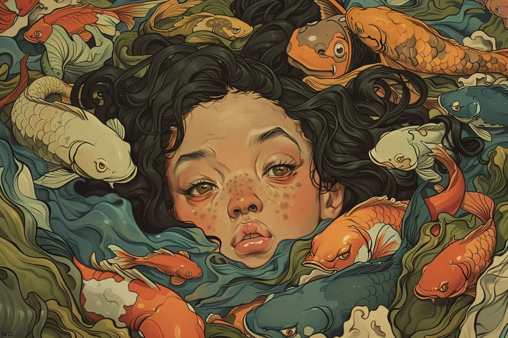 The image is a vibrant and detailed illustration of a young woman with long dark hair submerged in water.  She has a soft, almost ethereal expression on her face, and her skin is adorned with freckles.  Surrounding her are colorful koi fish, their scales shimmering as they swim in and out of the water. The artwork is filled with rich colors and intricate details, creating a sense of both beauty and mystery.  The overall effect is dreamlike and enchanting.