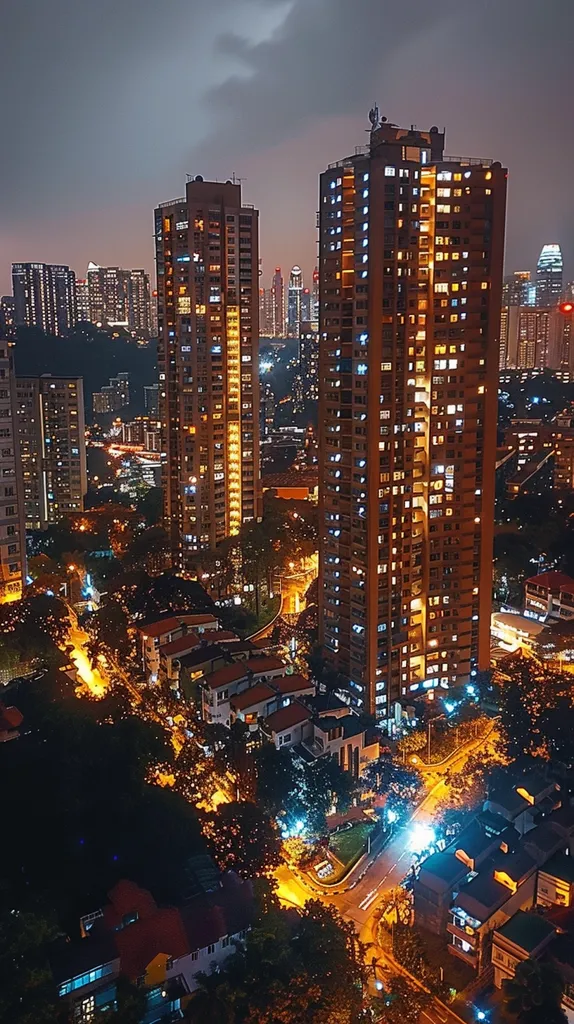 The image shows a city skyline at night. Two tall buildings, lit up with warm yellow lights, stand out against the dark sky. The buildings are surrounded by smaller structures, all illuminated, creating a sense of urban bustle.  A street curves through the center of the scene, lined with trees and houses.  The overall atmosphere is one of vibrant energy and urban life.