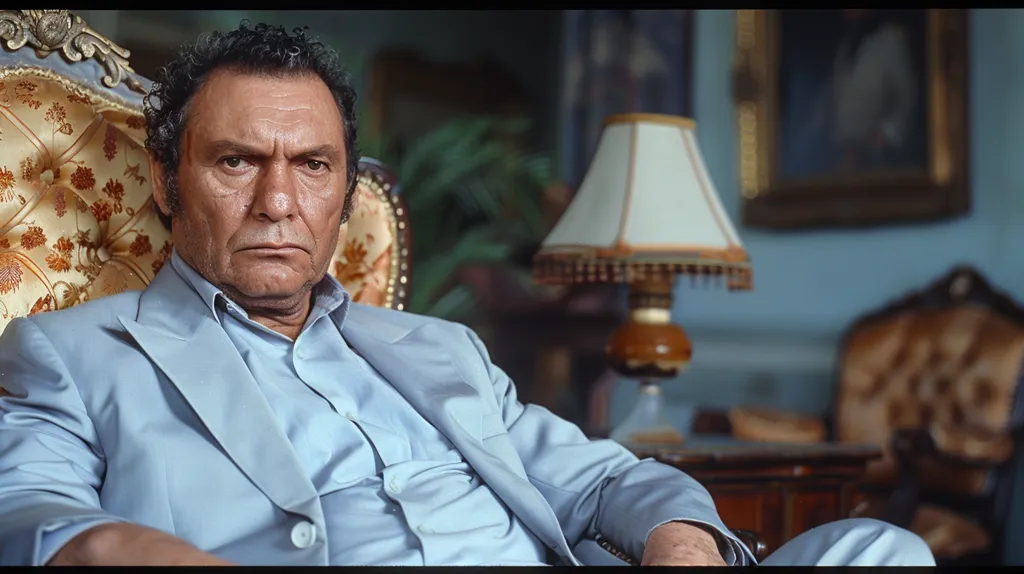 A man with dark hair and a serious expression sits in an ornate armchair. He is wearing a light blue suit jacket and a white collared shirt. The room is decorated in a traditional style with a lamp and other furniture visible. The overall tone is one of authority and contemplation.