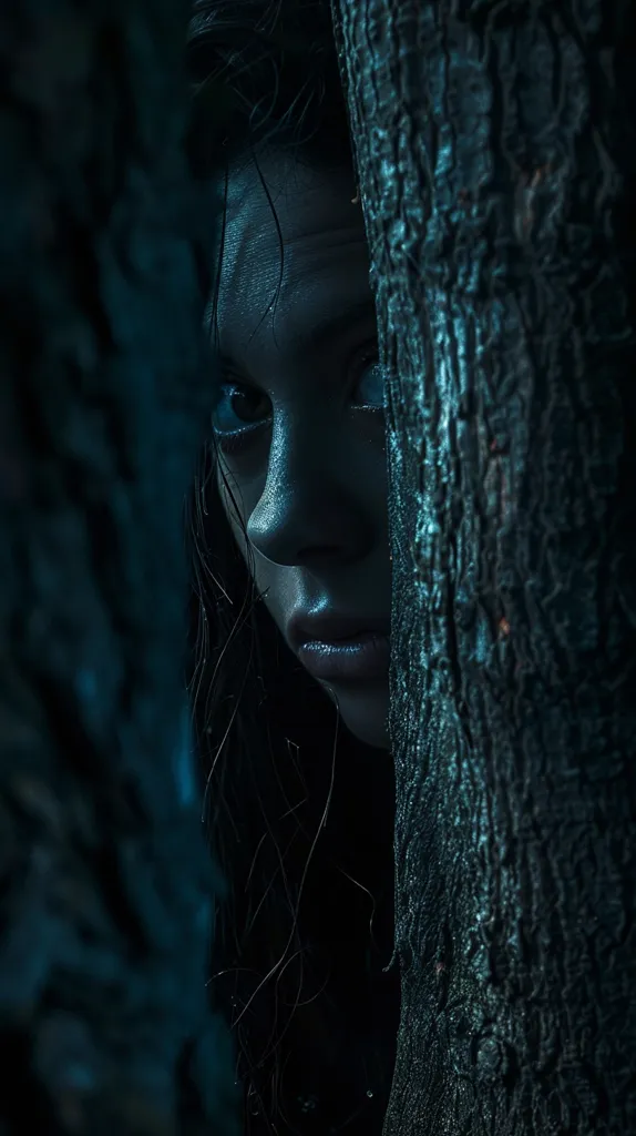 A woman with long dark hair peeks out from behind a tree trunk. The image is shot in a dark, mysterious setting, and her expression is unreadable. The focus is on her eyes, which are large and dark, giving a sense of intrigue and perhaps a hint of danger. The overall tone is moody and atmospheric, leaving the viewer to wonder about the woman's story.